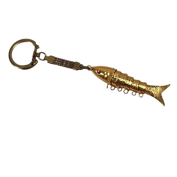 Vtg Articulated Body Fish Goldtone Keychain Koi Red Eyes Tin Jointed Wiggle - Picture 2 of 6